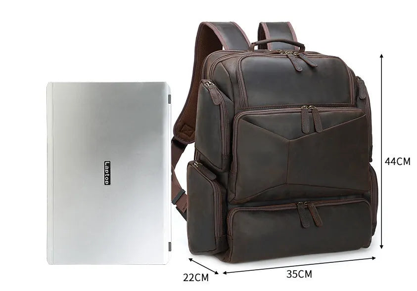 Dark brown retro leather backpack for 17-inch laptops with multiple compartments and shoulder straps