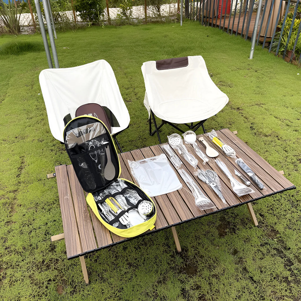Khaki storage bag containing 12 pieces of stainless steel picnic cutlery including knives, forks and spoons.