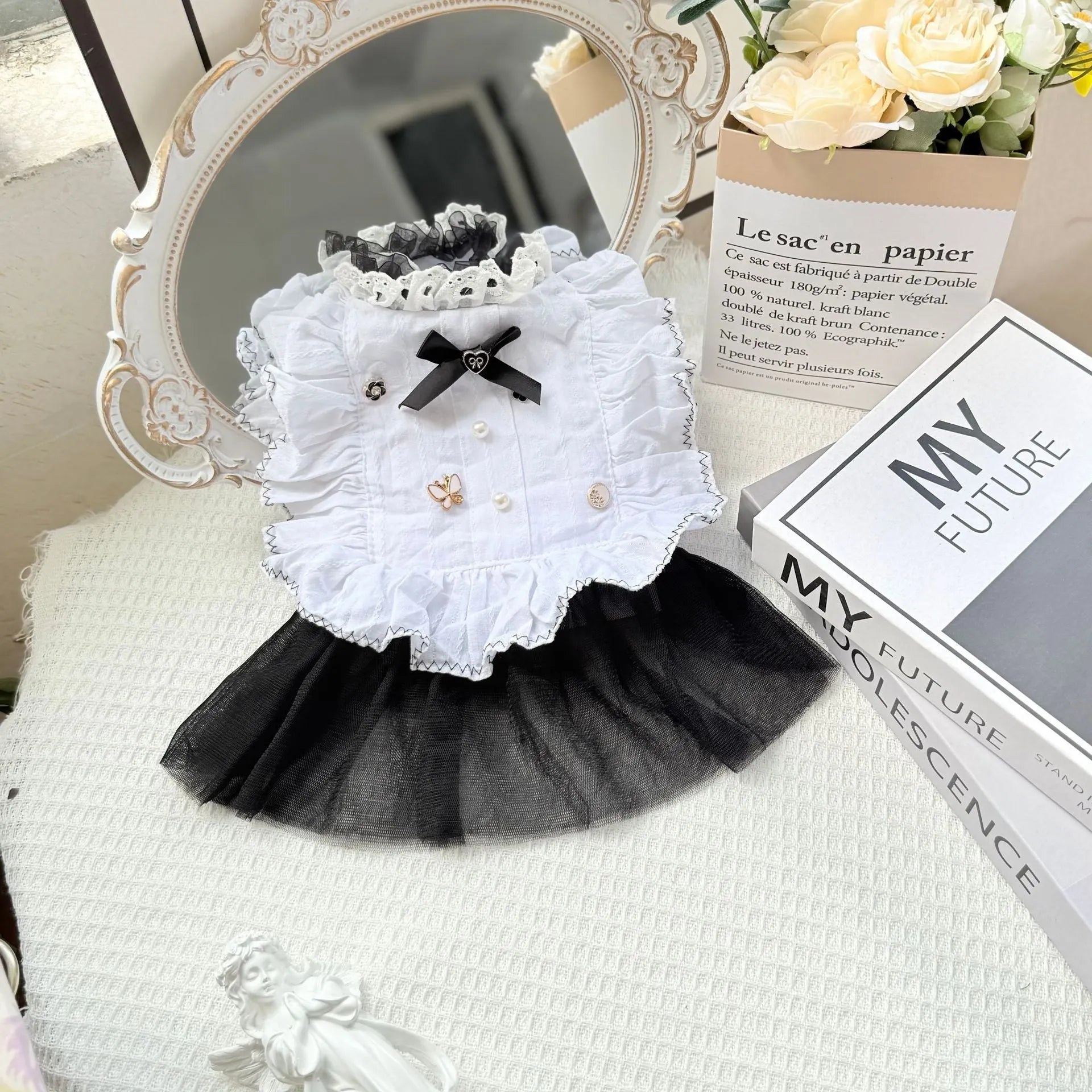 White polyester waltz gauze princess skirt for small to medium dogs in five sizes.