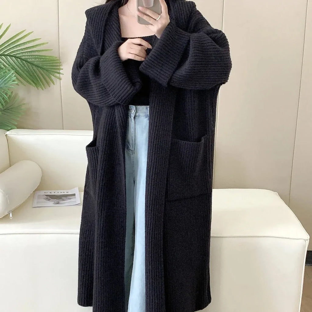 Women's loose hooded cardigan coat in acrylic fabric with extended length and raglan sleeves