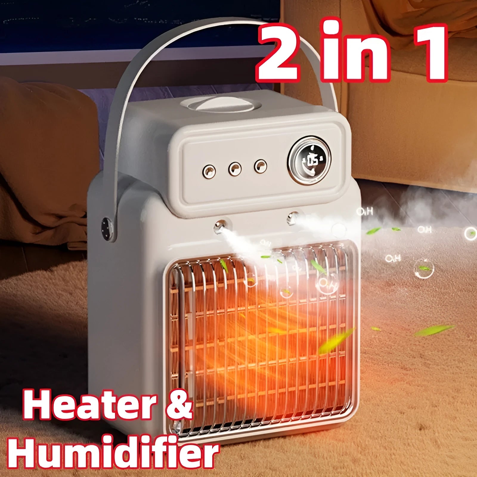 White 1200W 2-in-1 humidifying room heater with ABS body on table