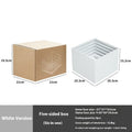 White plastic suit cube stacking dessert display stand with six pieces arranged for cake presentation.