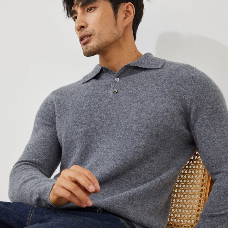 Men's cashmere polo collar pullover sweater in sapphire blue colour showing short sleeves and loose fit
