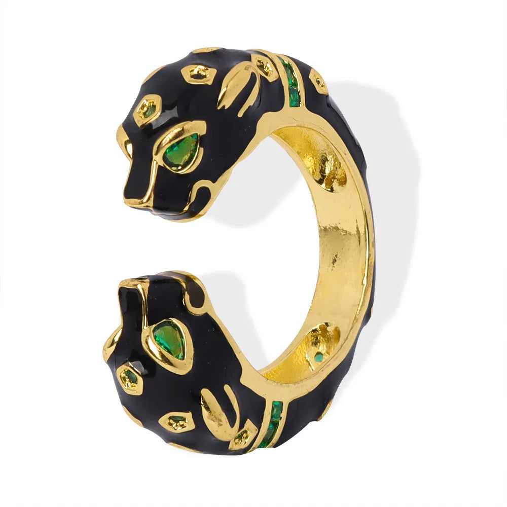 Black cheetah pattern open ring for women with geometric shape, size No. 7.