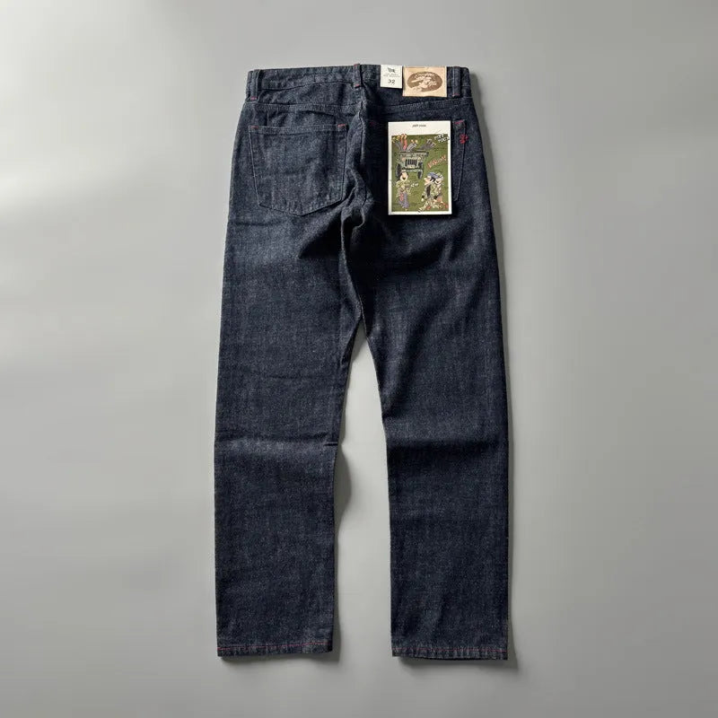 Men's straight leg jeans in primary colour cotton denim fabric with non-elastic waistband