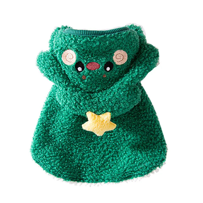 Cat wearing warm thickened elk cloak in polyester with drawable closure, available in brown or green elk pattern