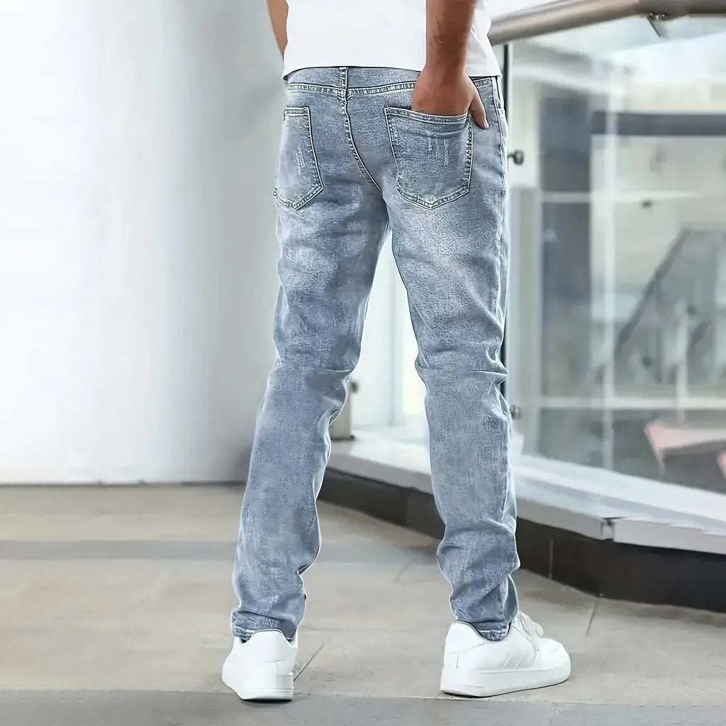 Stretch men's casual solid colour jeans in black – high elasticity cotton-spandex straight leg with zip fly and mid waist