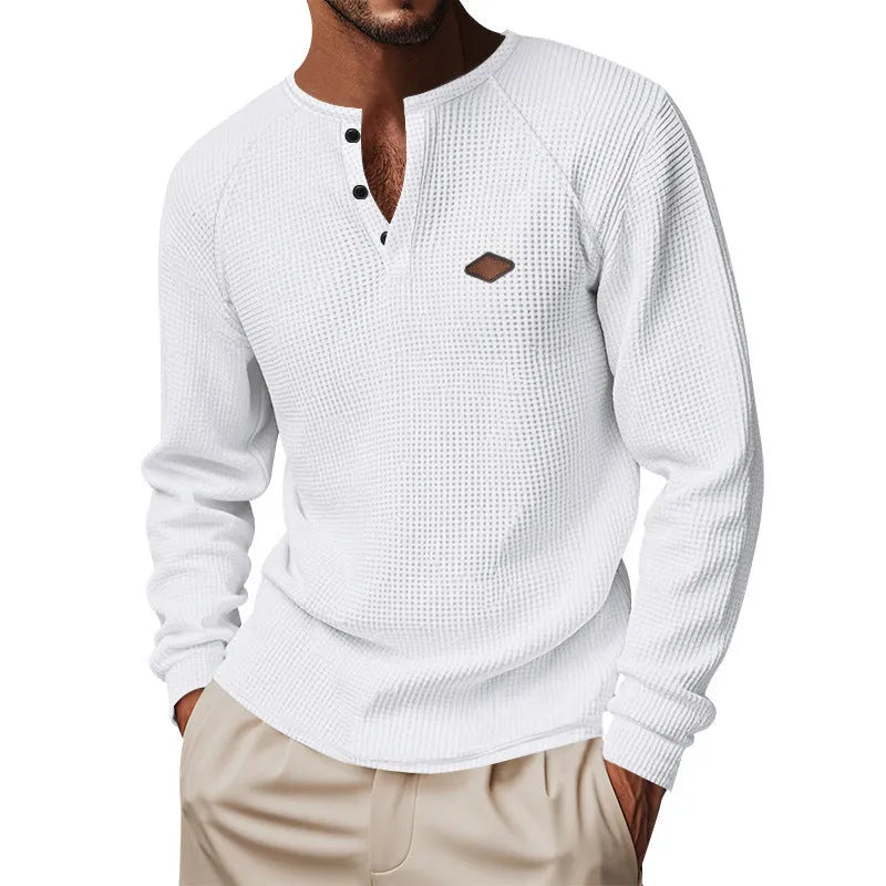 Men's waffle buckle quick-drying raglan long sleeve pullover in sapphire blue, loose fit, polyester fibre