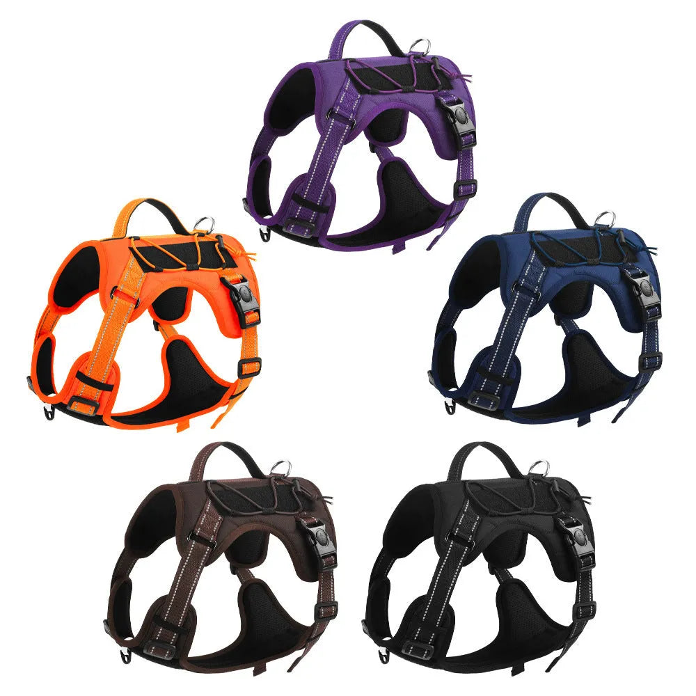 Reflective dog vest harness with explosion-proof breast strap and integrated hand-holding rope in multiple colour options