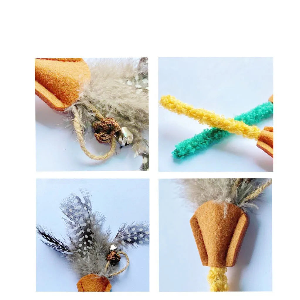 Green polygonum wood feather stick cat toy with gall fruit accent on white background