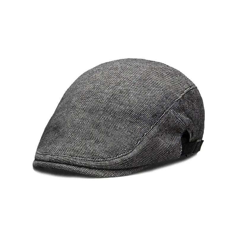 Men's pure colour cotton and linen beret in dome crown style, adjustable 55-58cm, available in black, brown, dark gray, light gray