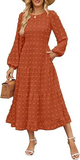 Women's long sleeve high waist dress in beige with ruffled sleeves