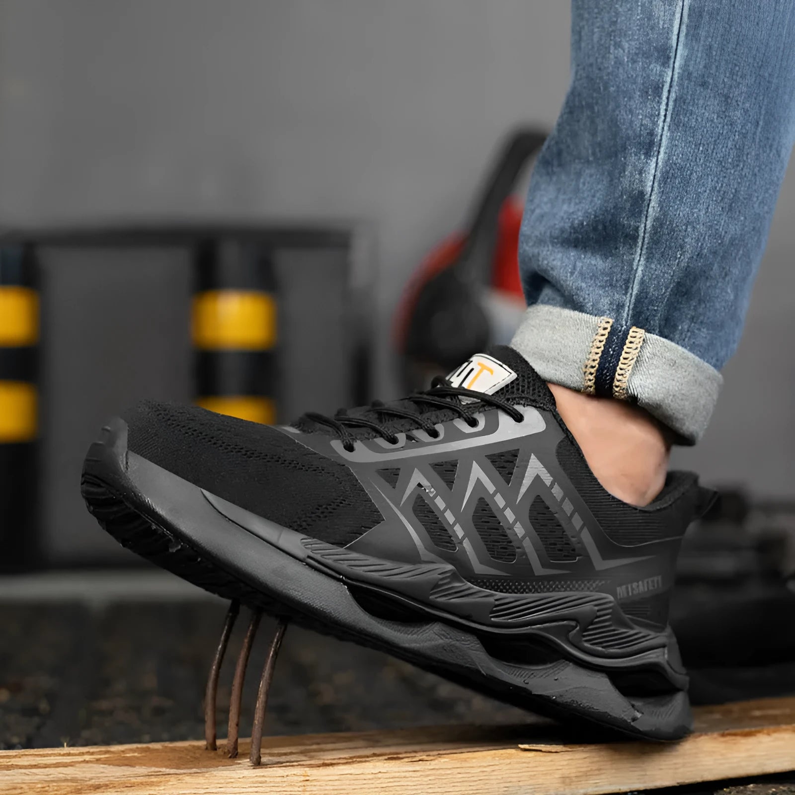 Black lightweight breathable steel toe cap safety shoes with flat knit upper and rubber outsole