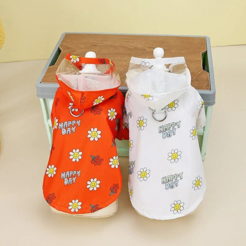 Transparent dog raincoat with pull ring traction, waterproof polyester, small flower pattern orange and white options