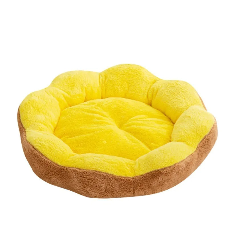 Washable thick rabbit plush round cat bed in yellow brown, shown in a pet cage.