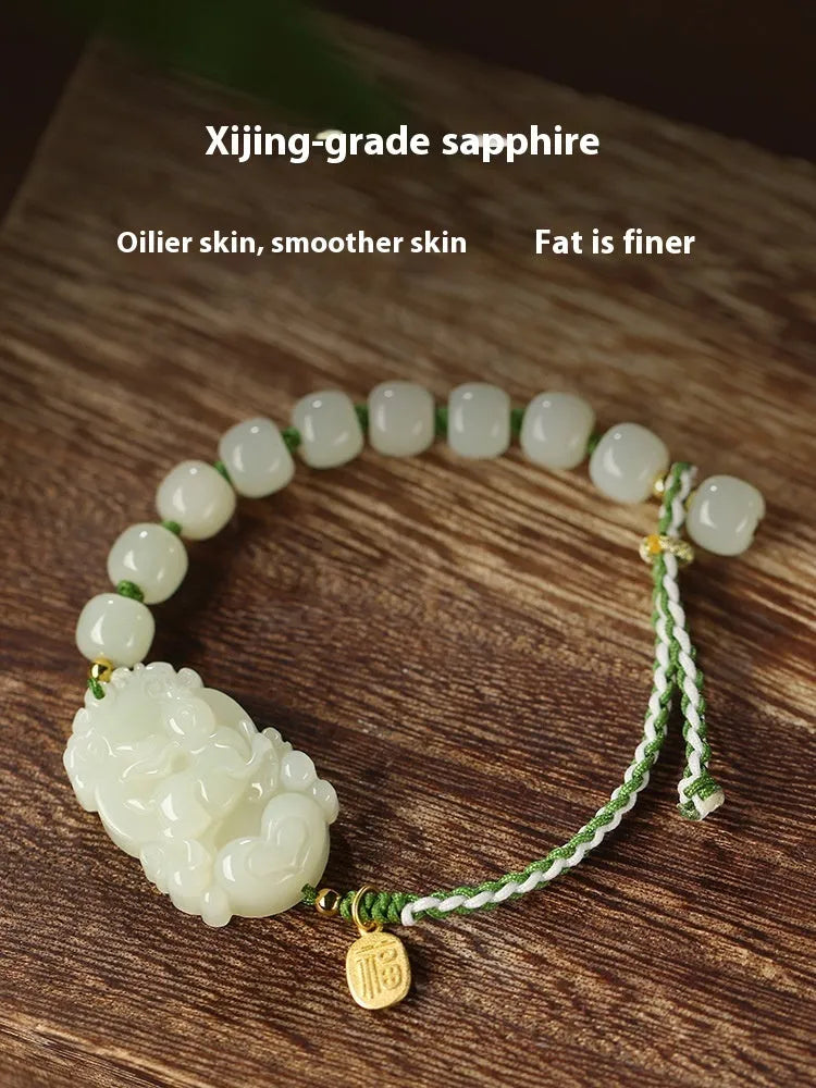 Year of Rabbit Hetian jade bracelet with S925 silver blessing card on red ice cotton rope