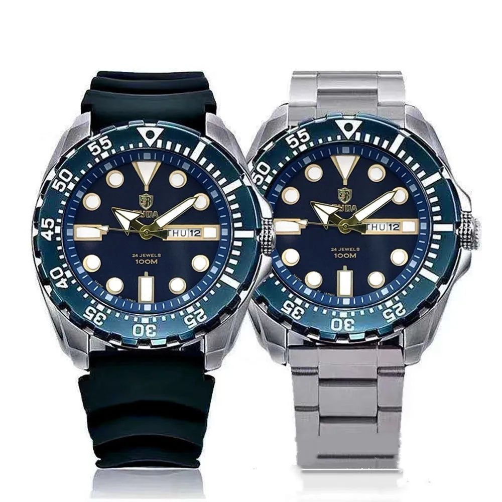 Men's waterproof luminous quartz watch with blue dial and steel band on wrist