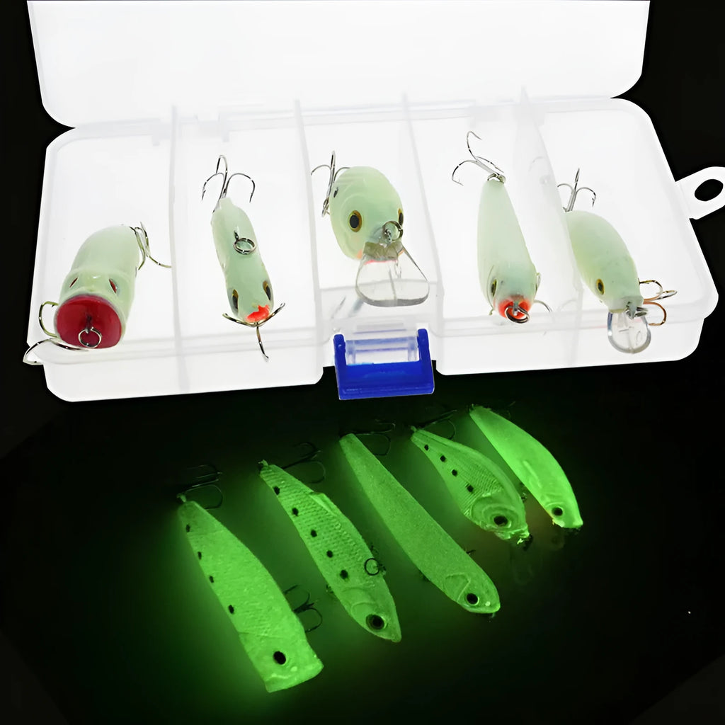 Five 3D fluorescent hard fishing baits with luminous simulation designs in a set