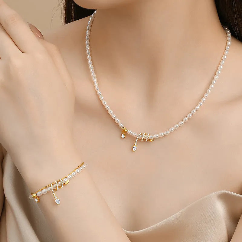 925 silver pearl snake zodiac bracelet in New Chinese style with electroplated gold or white gold finish