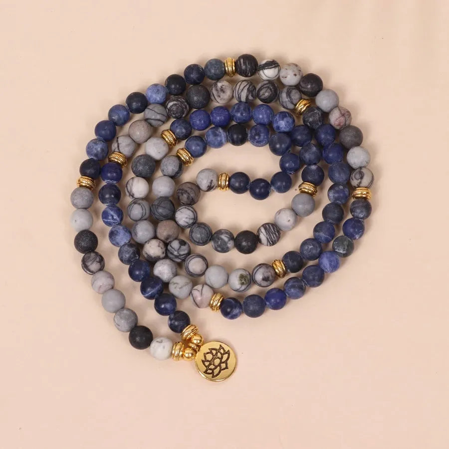 Blue patterned network stone beads on a multi-layer alloy bracelet for women