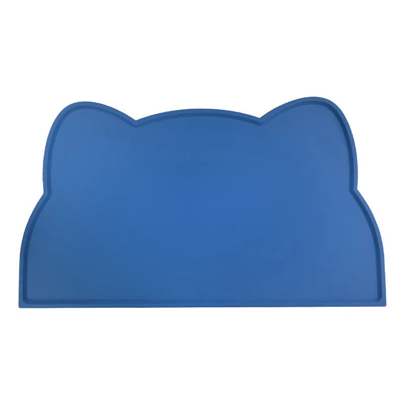Blue silicone waterproof pet feeding mat with cat head shape, 44 by 24 centimetres