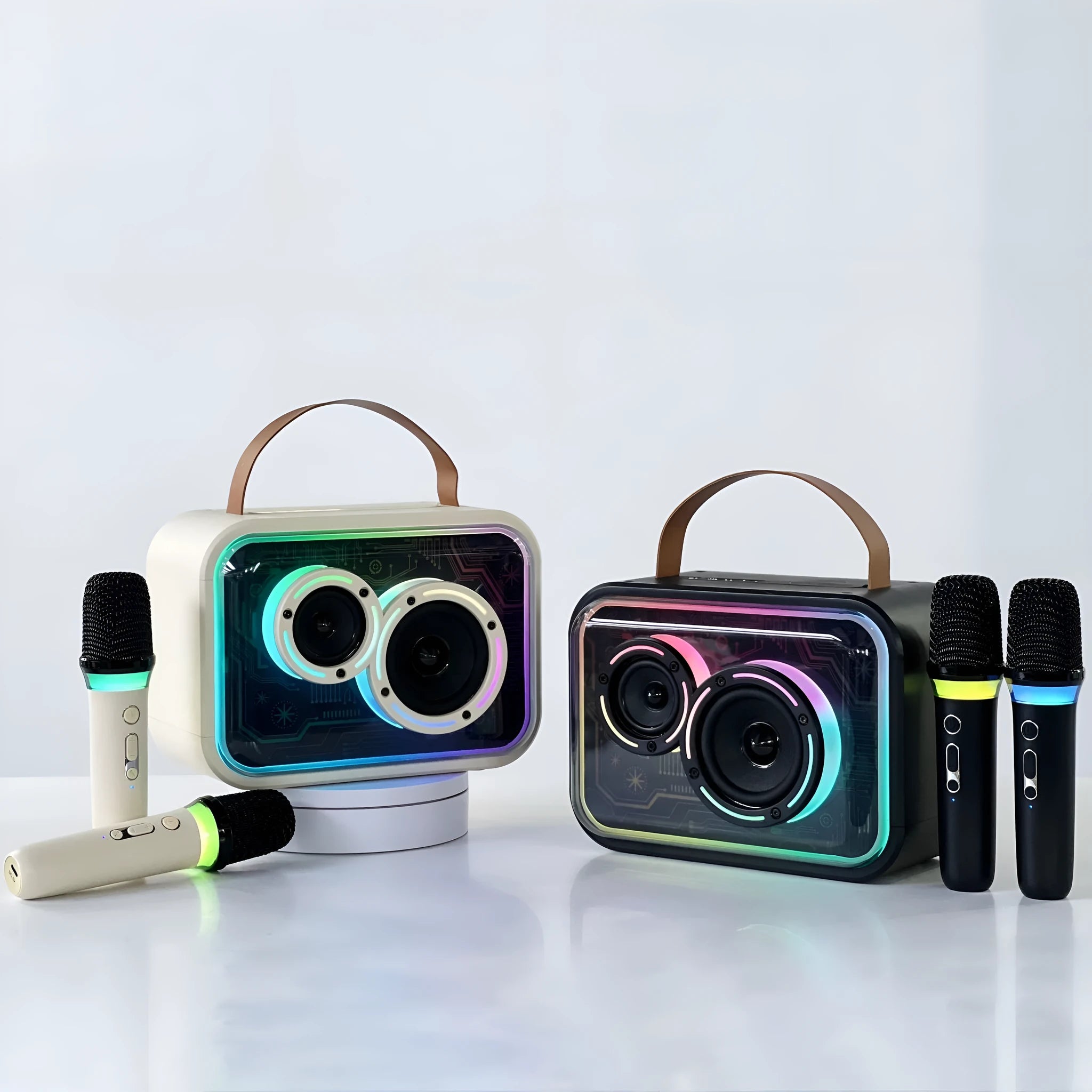 Bluetooth-compatible portable speaker with colourful RGB lights in black, with wireless karaoke microphone