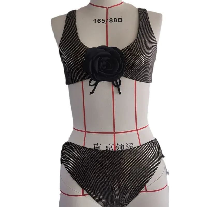 3D stereo triangle swimsuit for women in black polyester, sleeveless sport style, front view