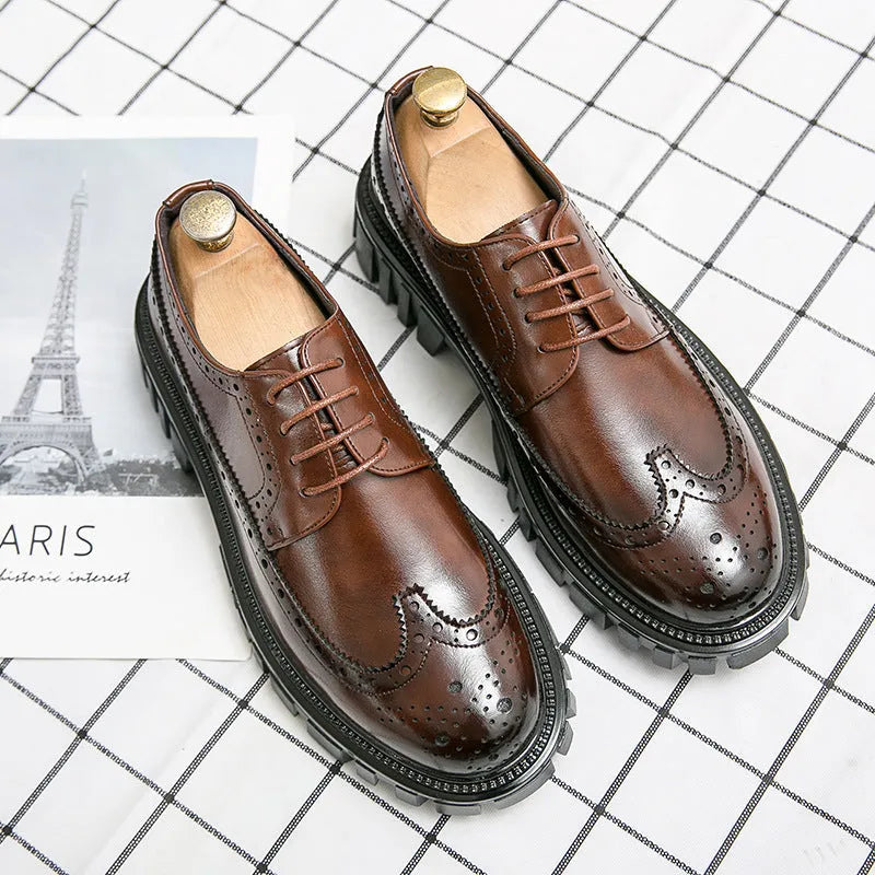 Men's classic black and brown brogue Oxford shoes with round toe and perforated detailing for formal business wear.