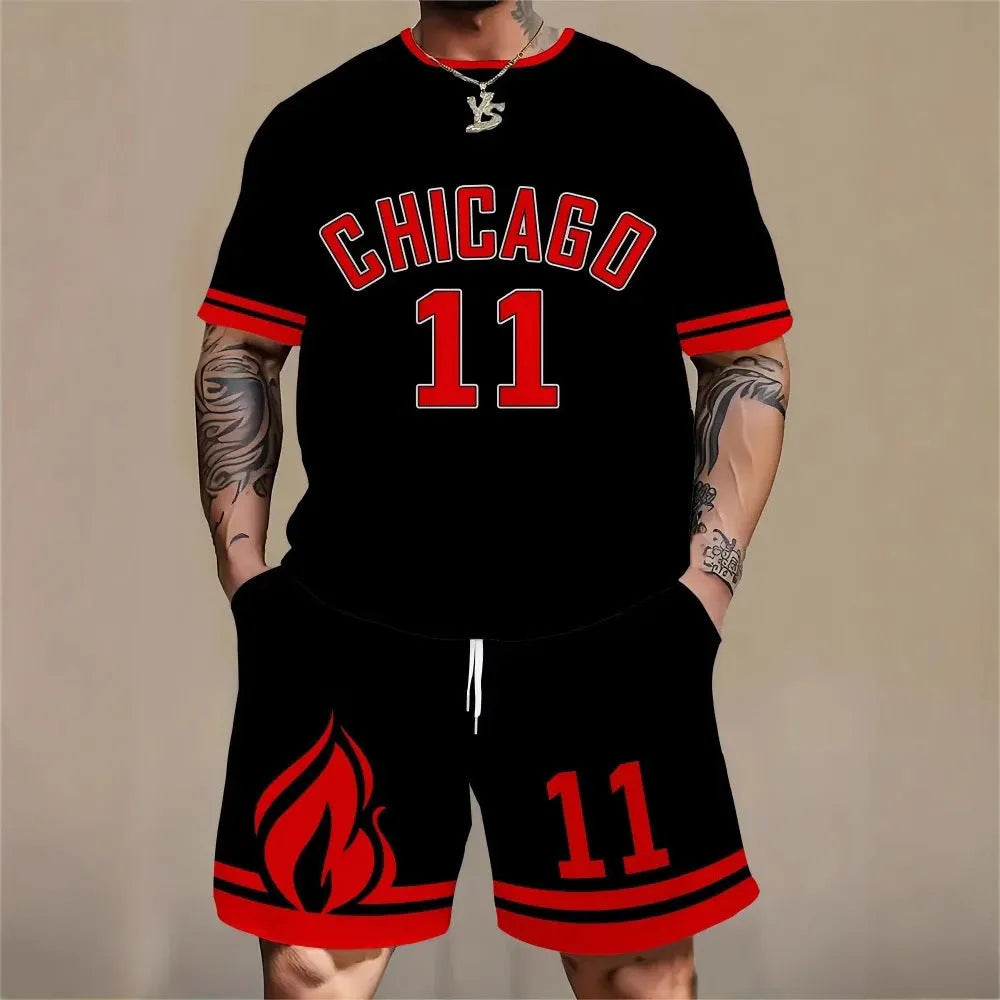 Men's short sleeve top and shorts set with 3D printed letter designs in multiple colour options.