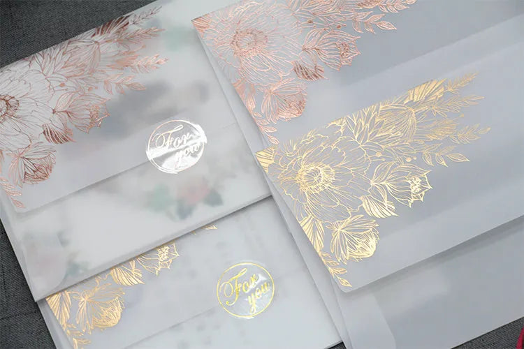 Sulfuric acid paper invitation card with bronzing matte varnish and gold stickers, 12.5x17.6 cm