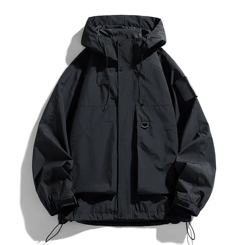 Men's black windproof waterproof hooded coat with long sleeves on a hanger.