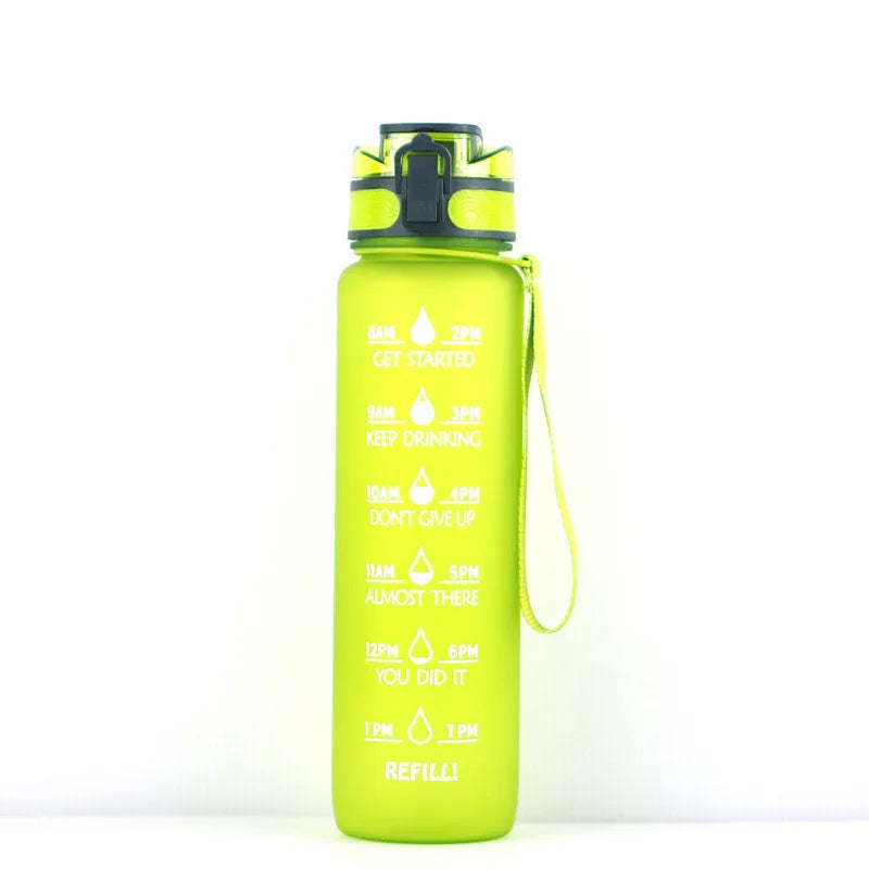 Transparent 1000ml BPA-free Tritan plastic sports bottle with kawaii design, clear body, and cap