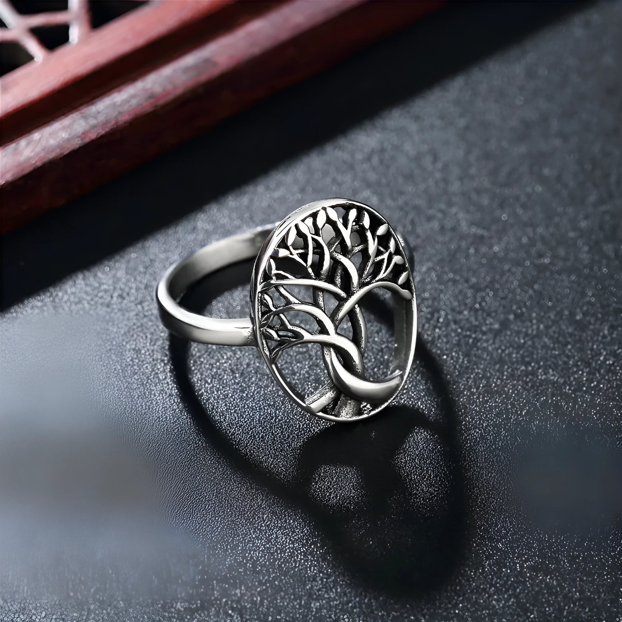 Retro Tree of Life design on a men's titanium steel ring shown in picture colour