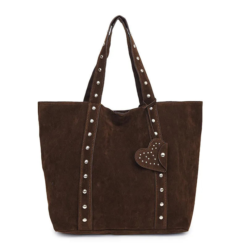 Design rivet hand-carrying tote bag in PU with sandwich pocket, black, 33x14x32cm, horizontal square shape