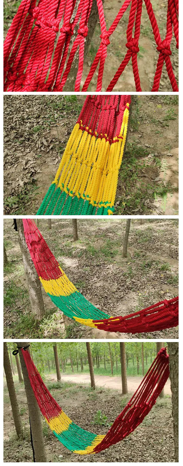 Nylon rope mesh hammock hanging between trees with bold weave pattern, showing 1.1m width