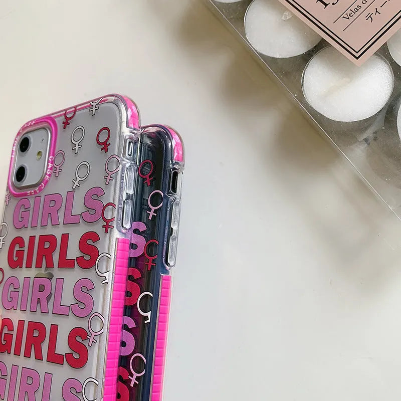 Girl all-inclusive soft TPU transparent case for iPhone with black circle GIRLS pink letter print