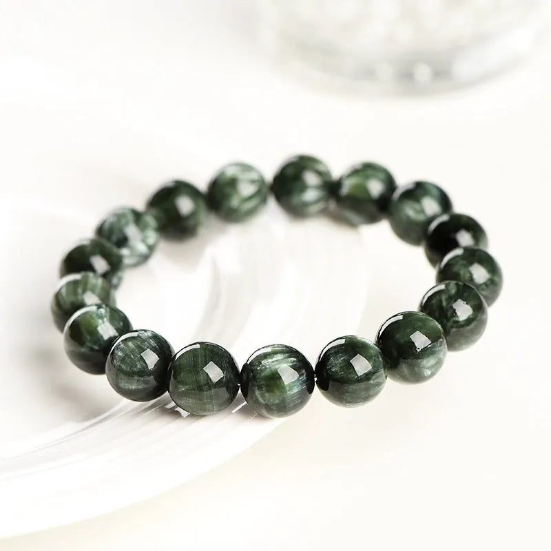 Natural Green Dragon Crystal bracelet with 8mm to 9mm round beads and Ruyi style design