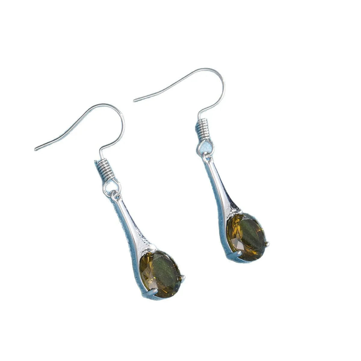 Olive green topaz drop earrings with water drop shape in retro electroplated alloy design