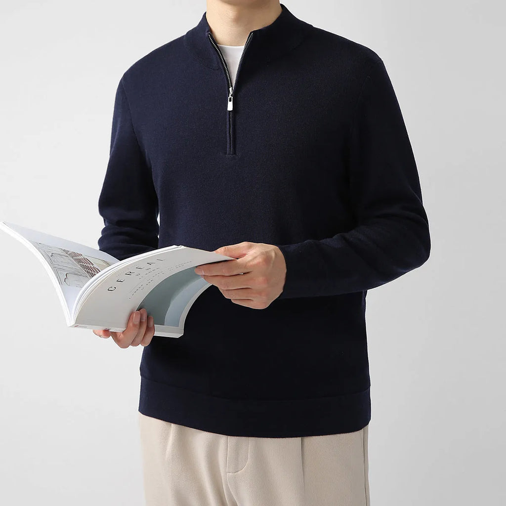 Men's merino wool zip stand collar sweater in light business style, machine washable, regular fit pullover
