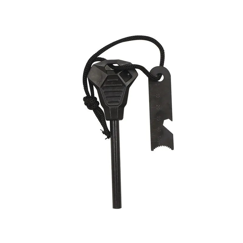 Outdoor camping multifunctional flint in black, 13cm magnesium rod with stainless steel scraper and survival whistle