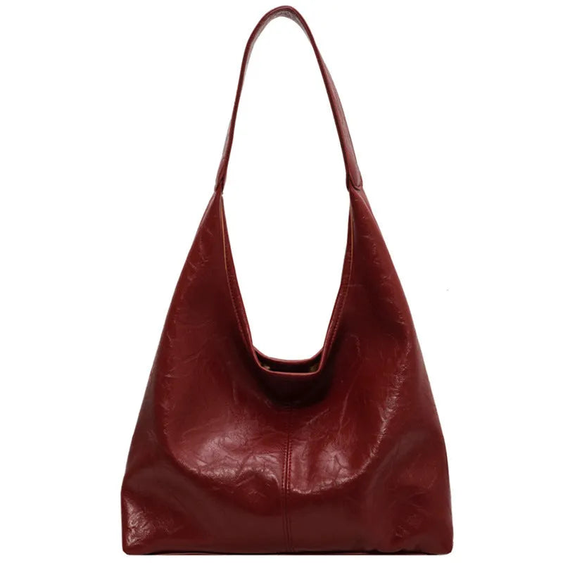 Women's casual soft leather shoulder bag in street trend style with sandwich pocket design