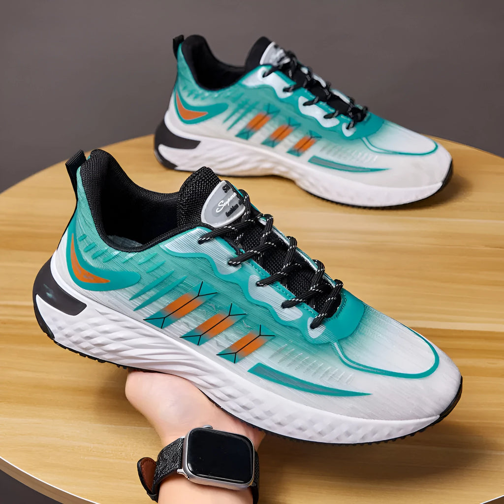 Fly-woven mesh thick-soled sports sneakers in blue and green – breathable lace-up men's walking running shoes