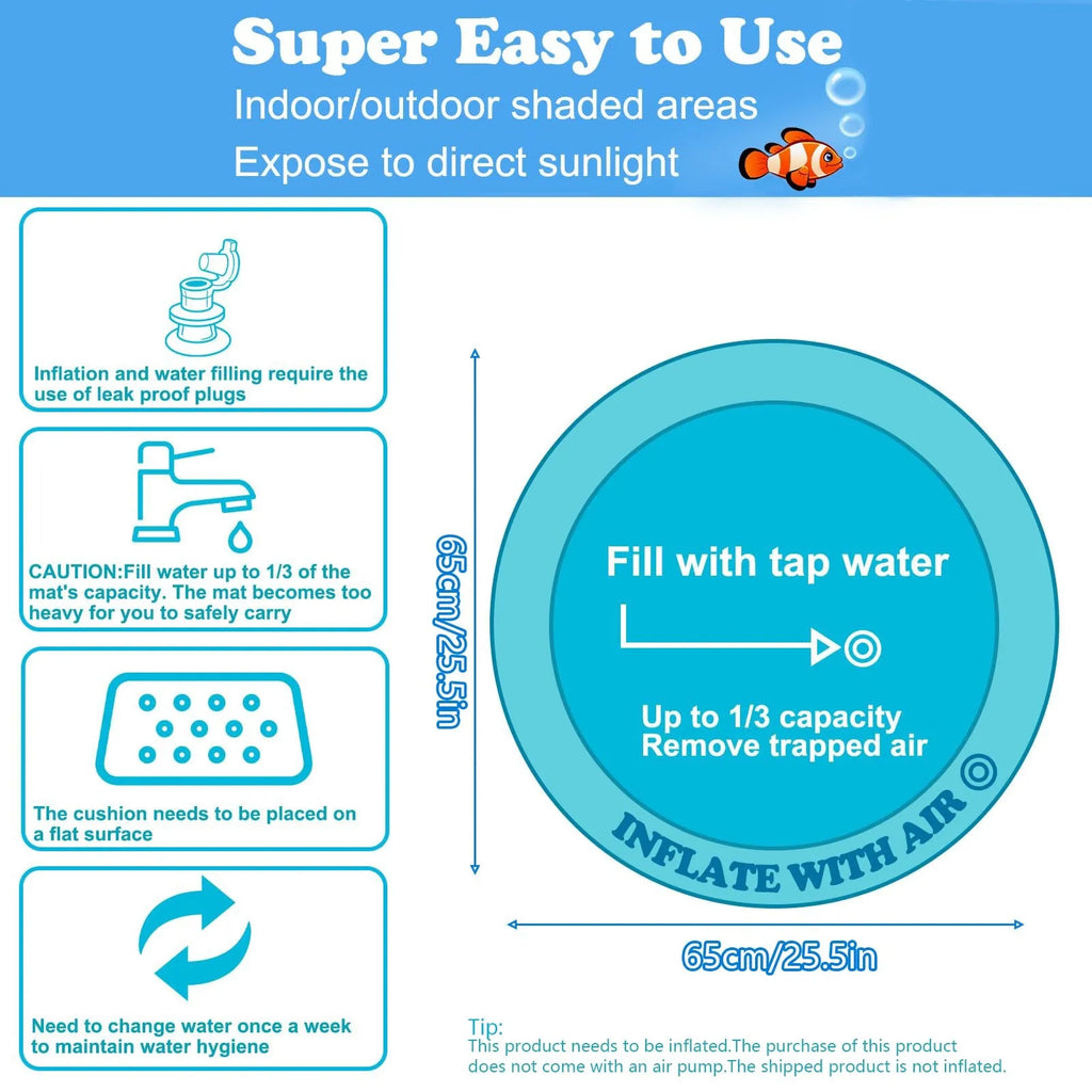 Thickened PVC water sensory play mat for pets with ocean fish design and floating toys.