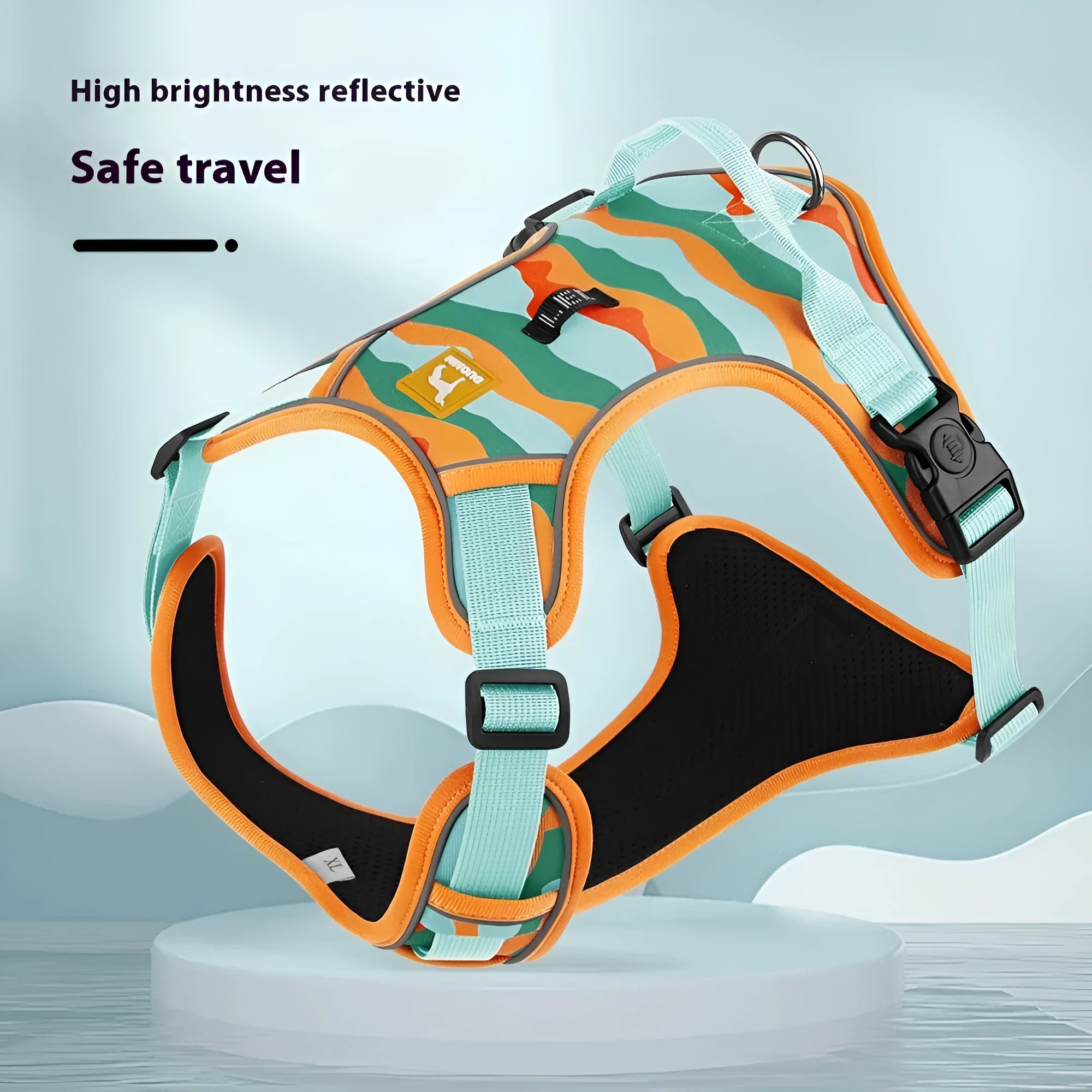 Orange reflective dog harness with chest and back straps and a hand-holding rope clip.