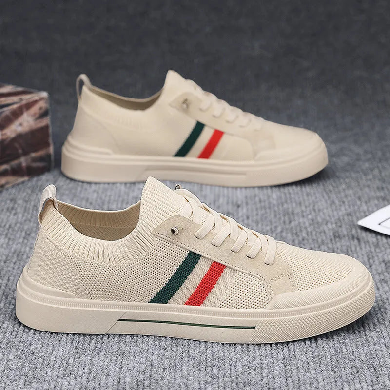 Men's breathable thin knitted mesh casual sneakers in beige with canvas upper and rubber sole