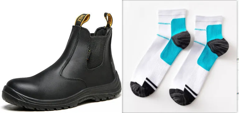Black leather high-top safety boots with anti-piercing sole protection for workplace use