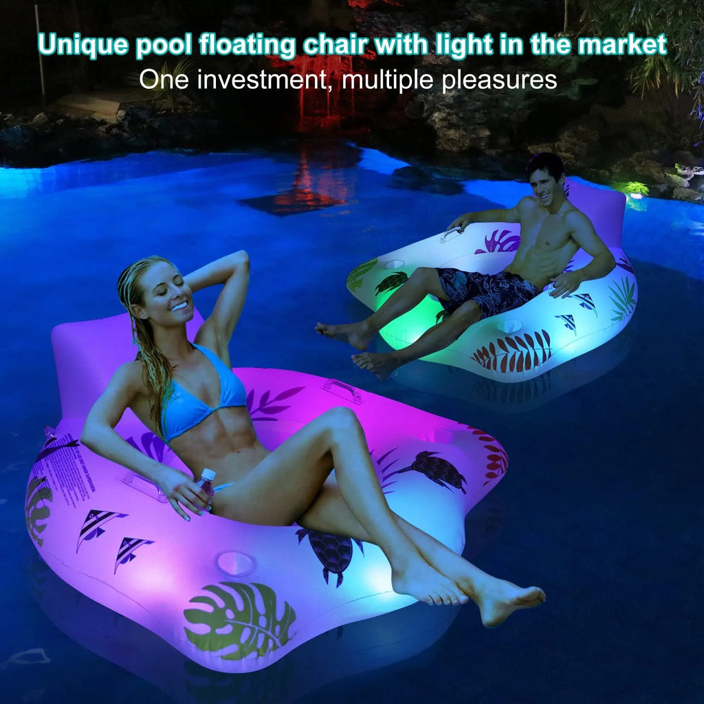White luminous U-shaped inflatable pool float recliner on water