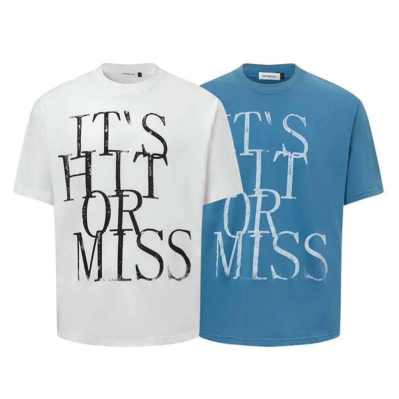 Men's blue cotton blend t-shirt with printed letter design showing loose fit and round neck