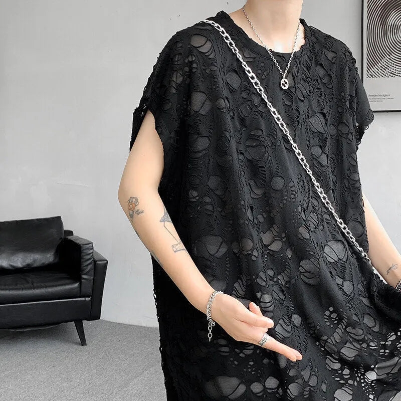 Black ripped beggar sleeveless wide shoulder vest for women, Japanese retro pullover style in polyester fibre, front view.