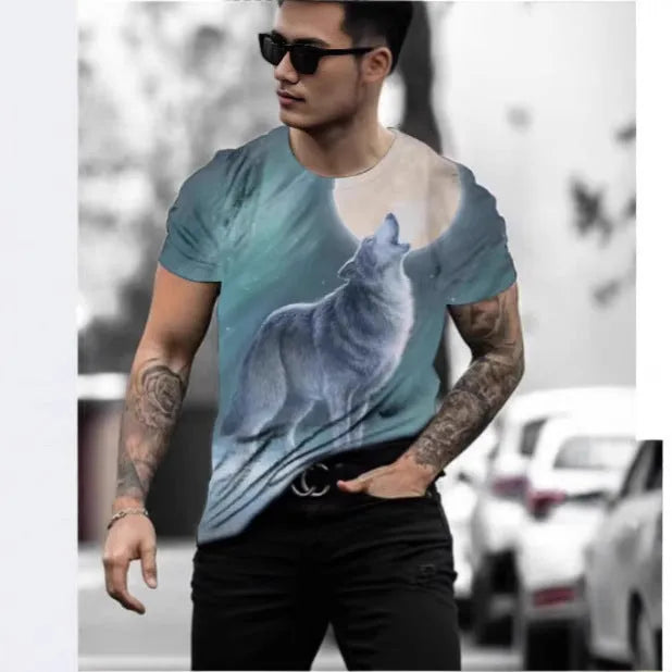 Retro 3D animal print men's short-sleeved t-shirt in polyester bird eye cloth, showing digital print detail